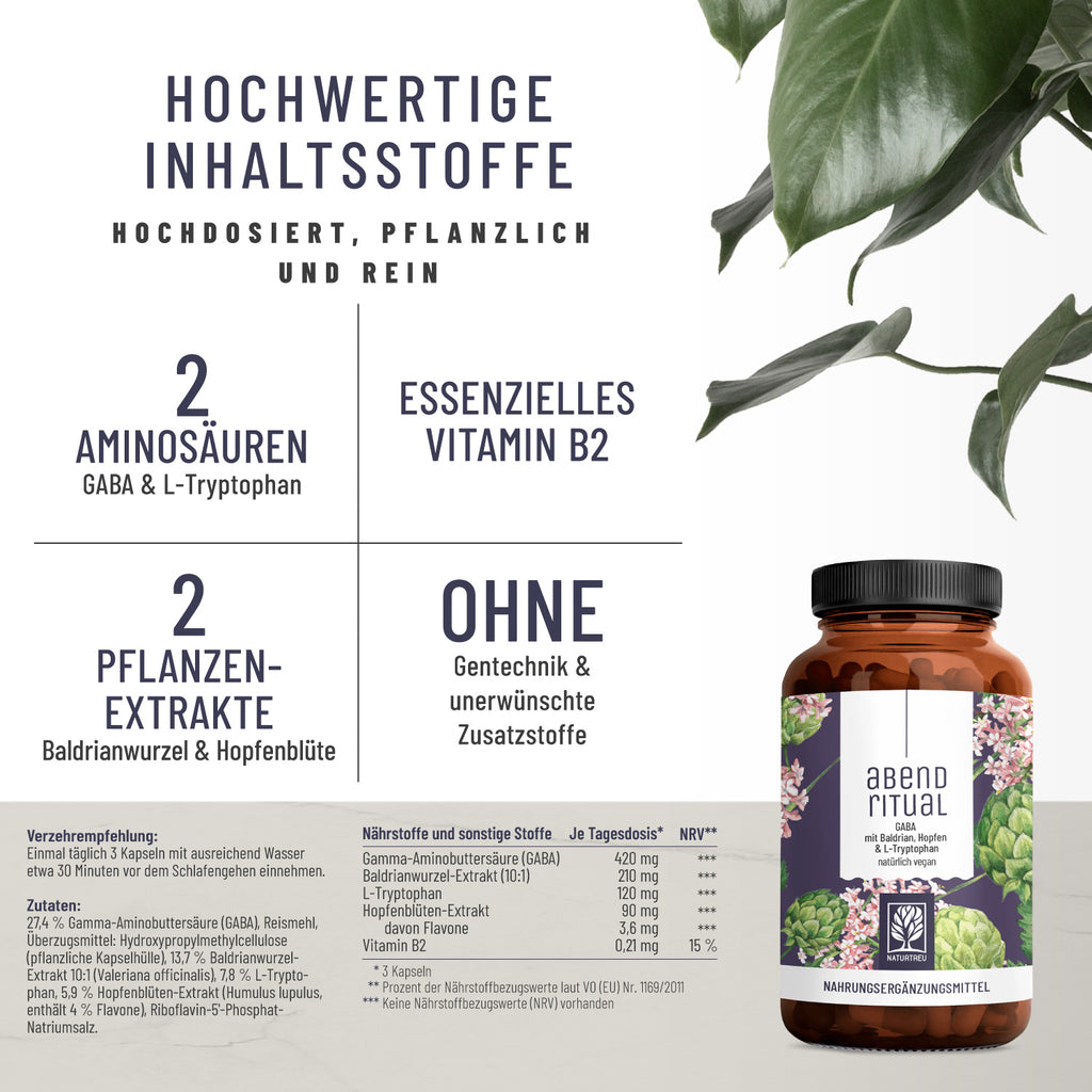 Abendritual GABA Baldrian Hopfen L-Tryptophan Hochwertige Inhaltsstoffe